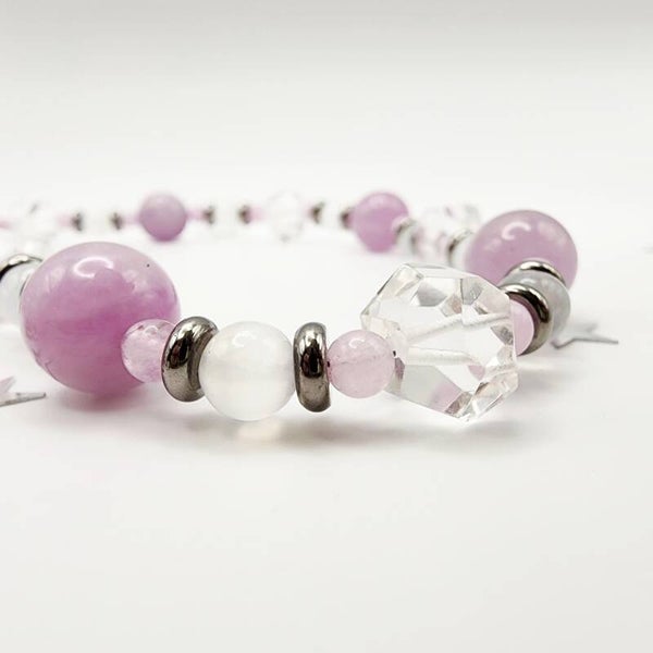 Kunzite, Selenite, Crystal Quartz Necklace, Stainless Steel