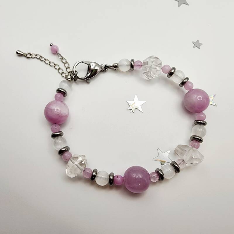 Kunzite, Selenite, Crystal Quartz Bracelet, Stainless Steel