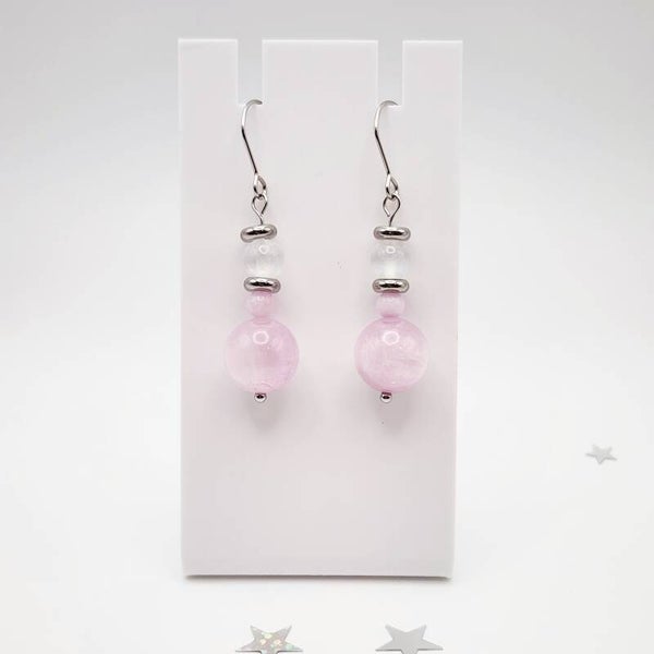 Kunzite, Selenite Pair of Dangle Earrings, Stainless Steel