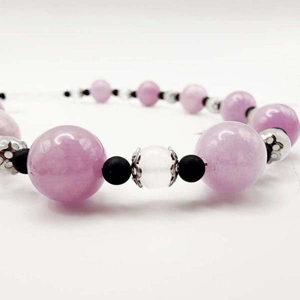 Kunzite, Selenite, and Black Onyx Necklace, Stainless Steel