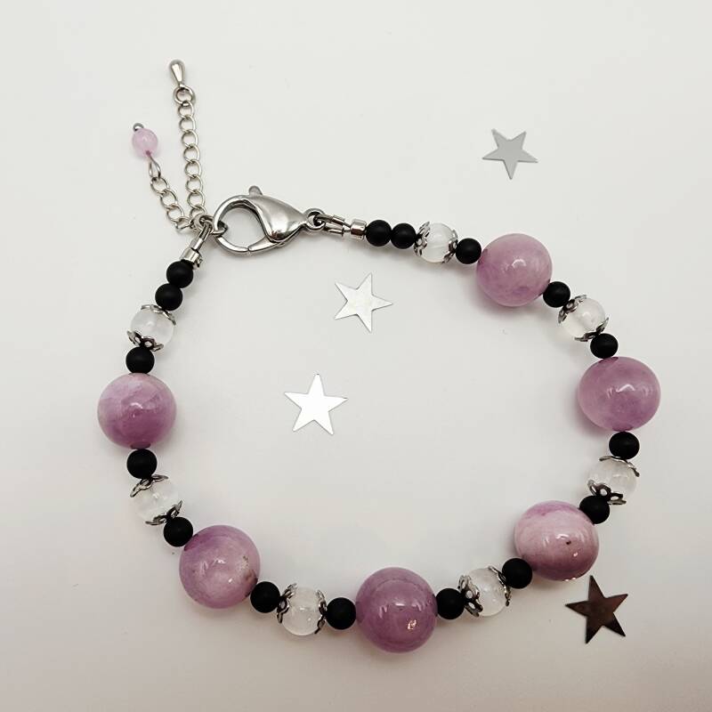 Kunzite, Selenite, and Black Onyx Bracelet, Stainless Steel