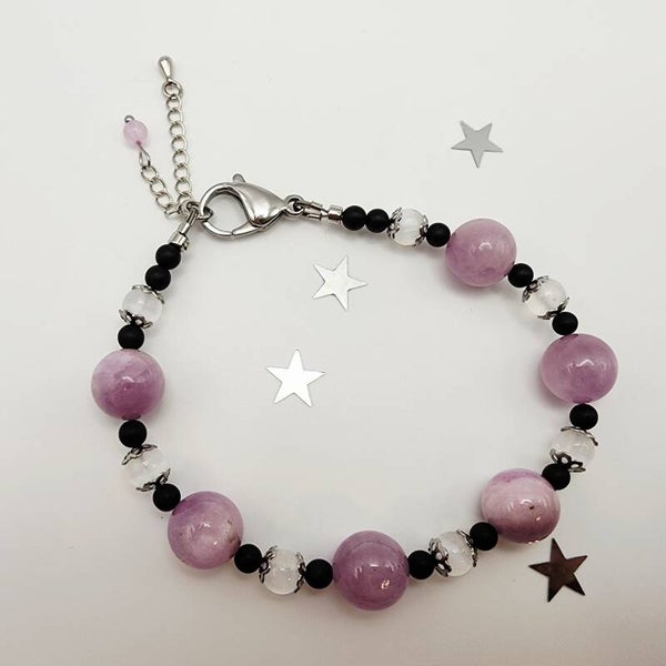 Kunzite, Selenite, and Black Onyx Bracelet, Stainless Steel