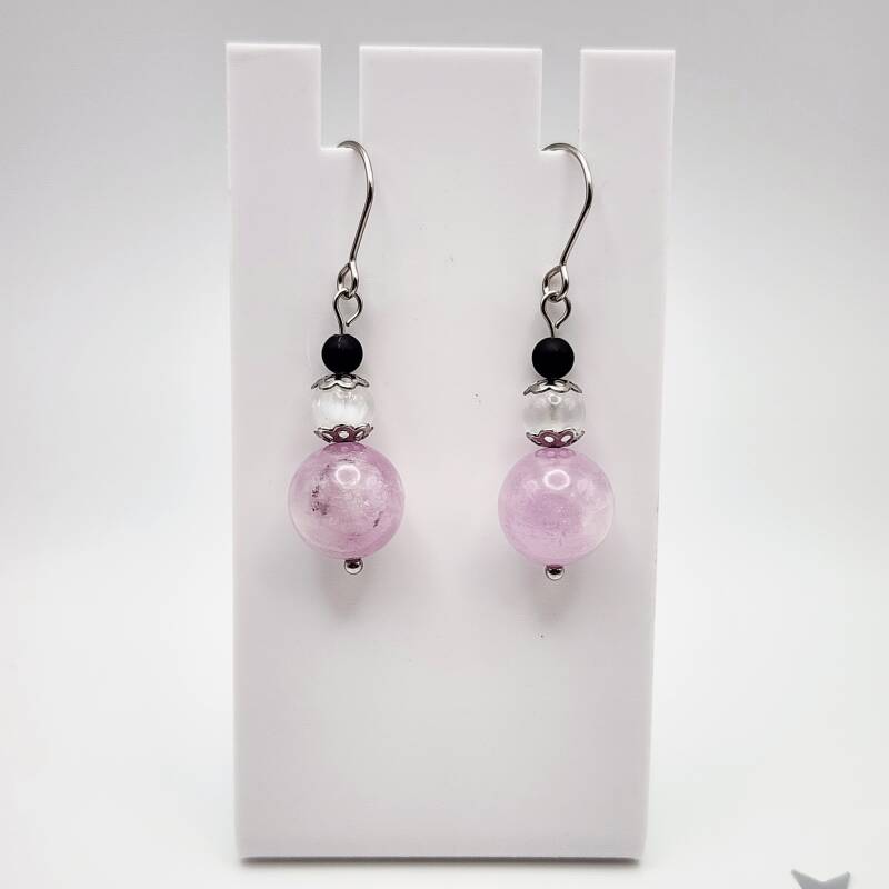 Kunzite, Selenite, and Black Onyx Pair of Dangle Earrings, Stainless Steel