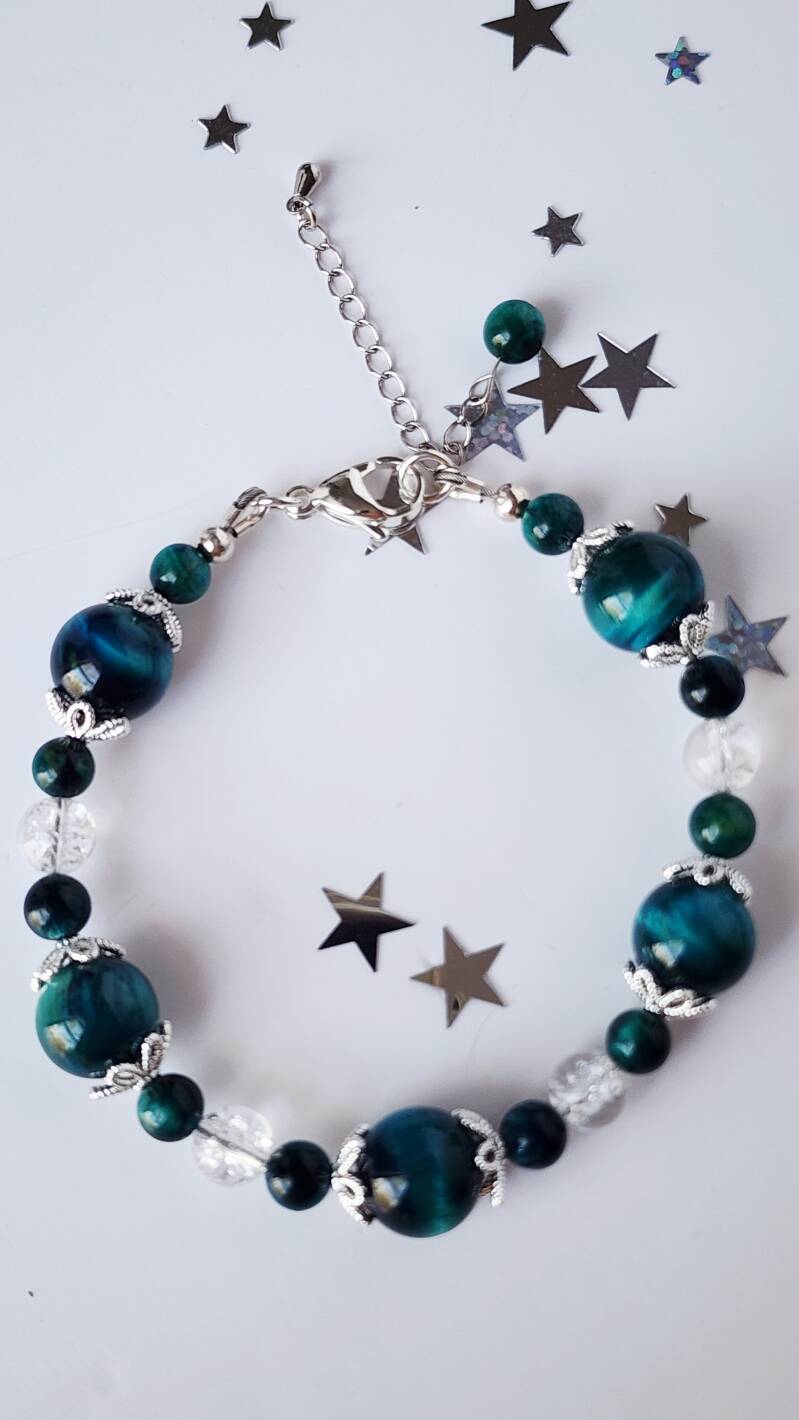 Turquoise Tiger’s Eye & Crystal Bracelet, Sterling Silver