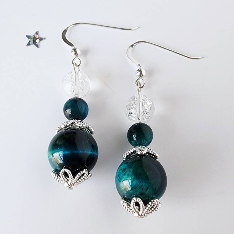 Turquoise Tiger’s Eye & Crystal Pair of Dangle Earrings, Sterling Silver