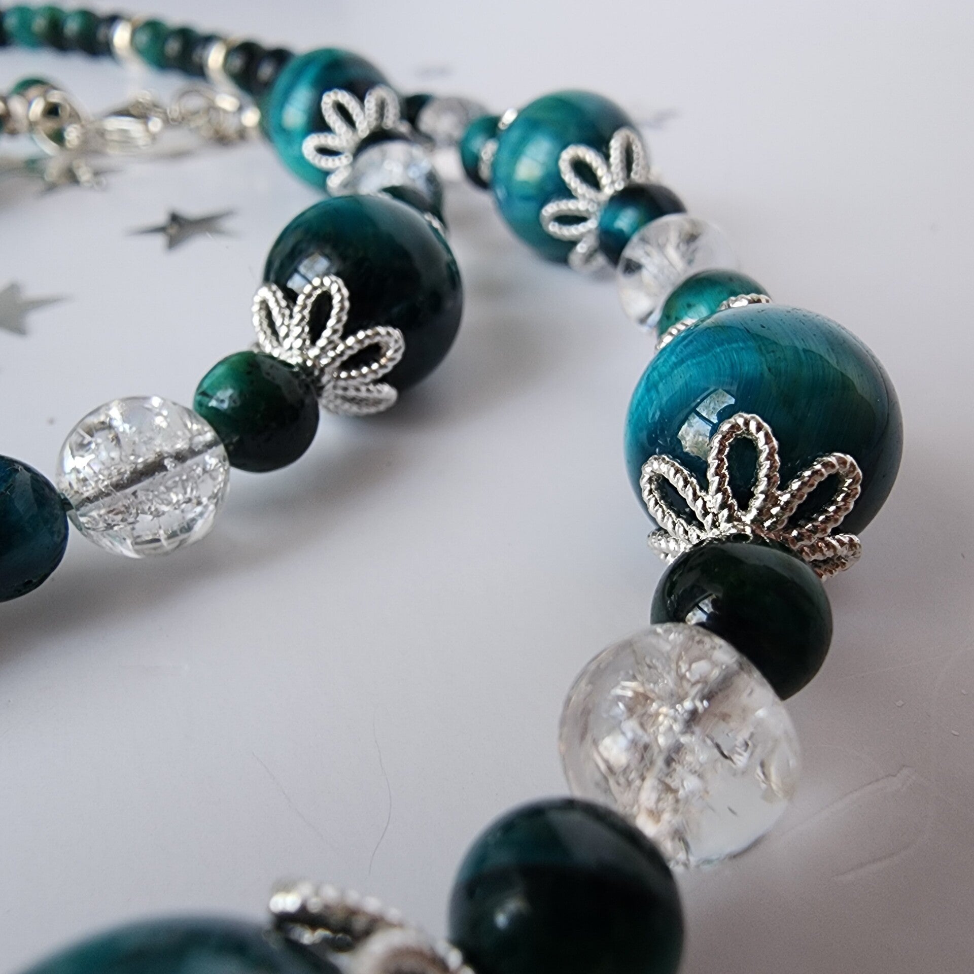 Turquoise Tiger’s Eye & Crystal Necklace, Sterling Silver