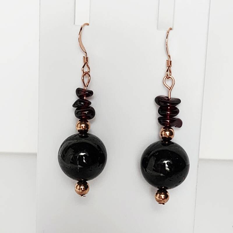 Garnet & Rose Gold Filled Pair of Dangle Earrings, 18k Rose Gold Filled Components