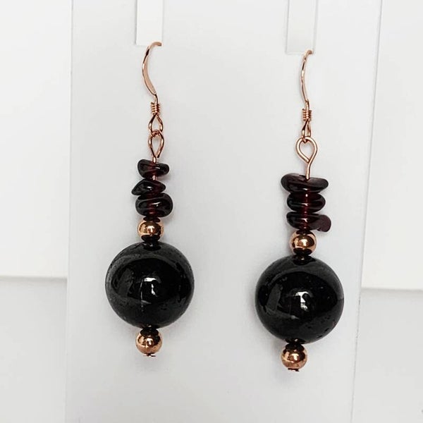 Garnet & Rose Gold Filled Pair of Dangle Earrings, 18k Rose Gold Filled Components