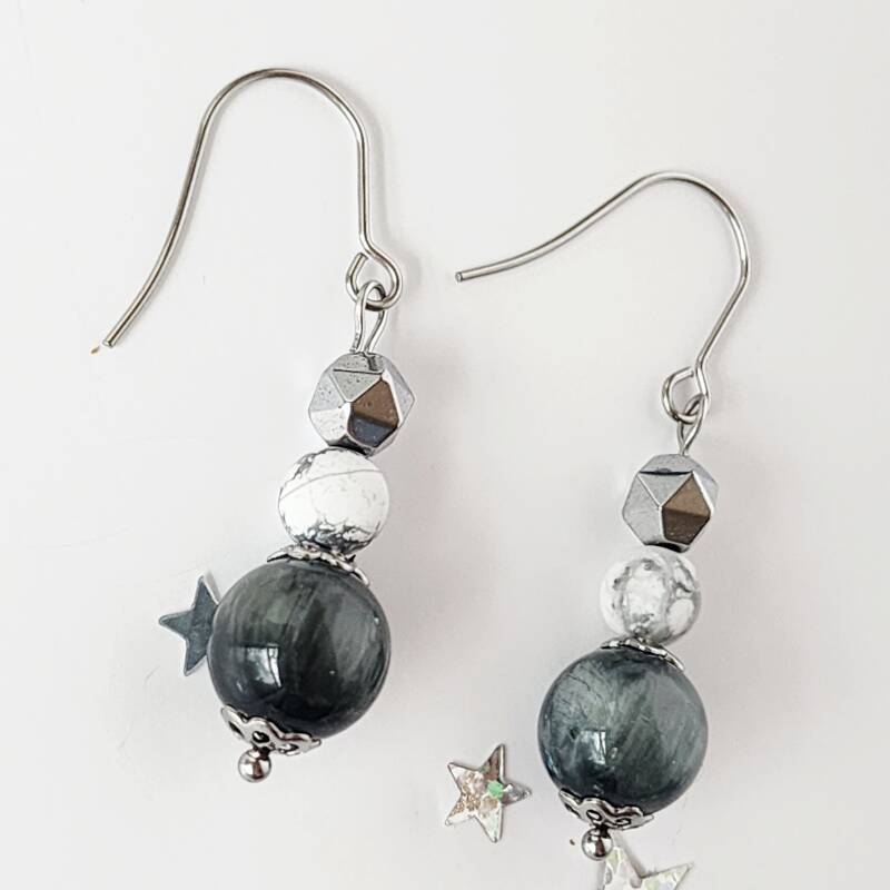 Eagle Eye, Howlite, and Hematite Pair of Dangle Earrings, Stainless Steel