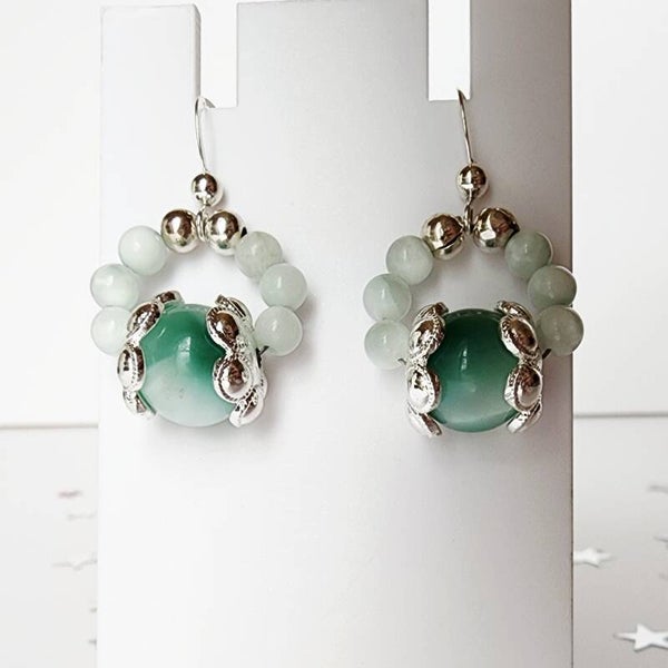 Green Moonstone Pair of Dangle Earrings, Sterling Silver