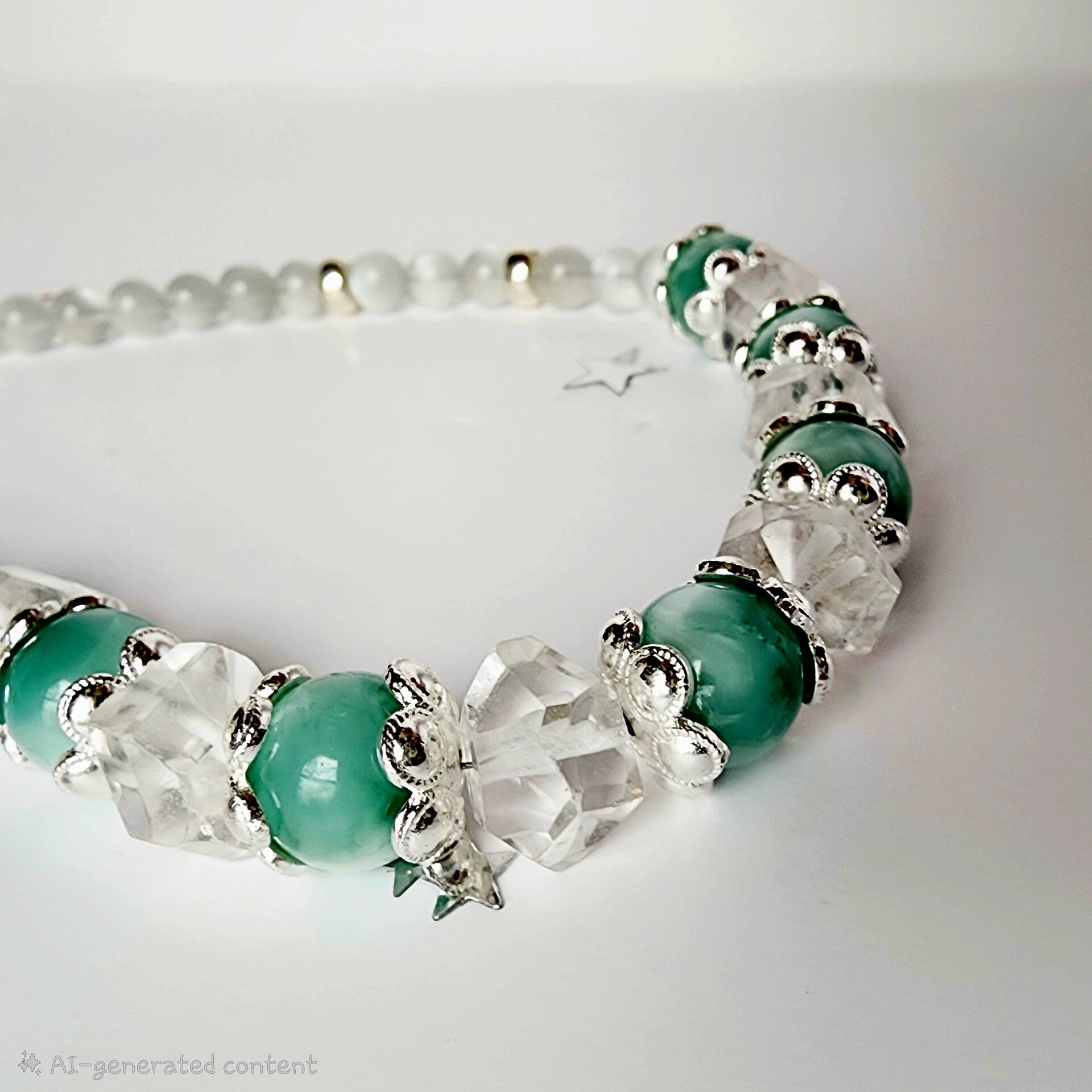 Green Moonstone & Ice-Cut Crystal Quartz Necklace, Sterling Silver
