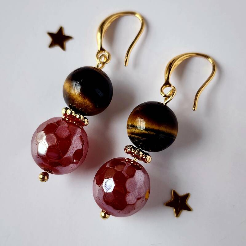 Mystic Carnelian & Tiger’s Eye Pair of Dangle Earrings, 18K Gold Filled