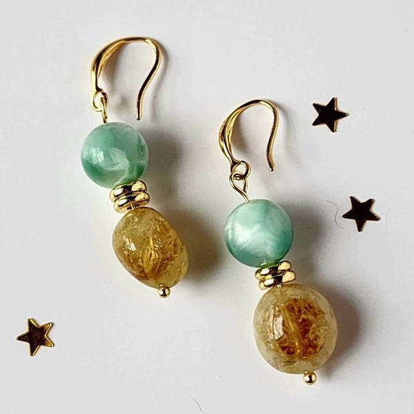 Citrine & Moonstone Pair of Dangle Earrings, 18k Gold Filled