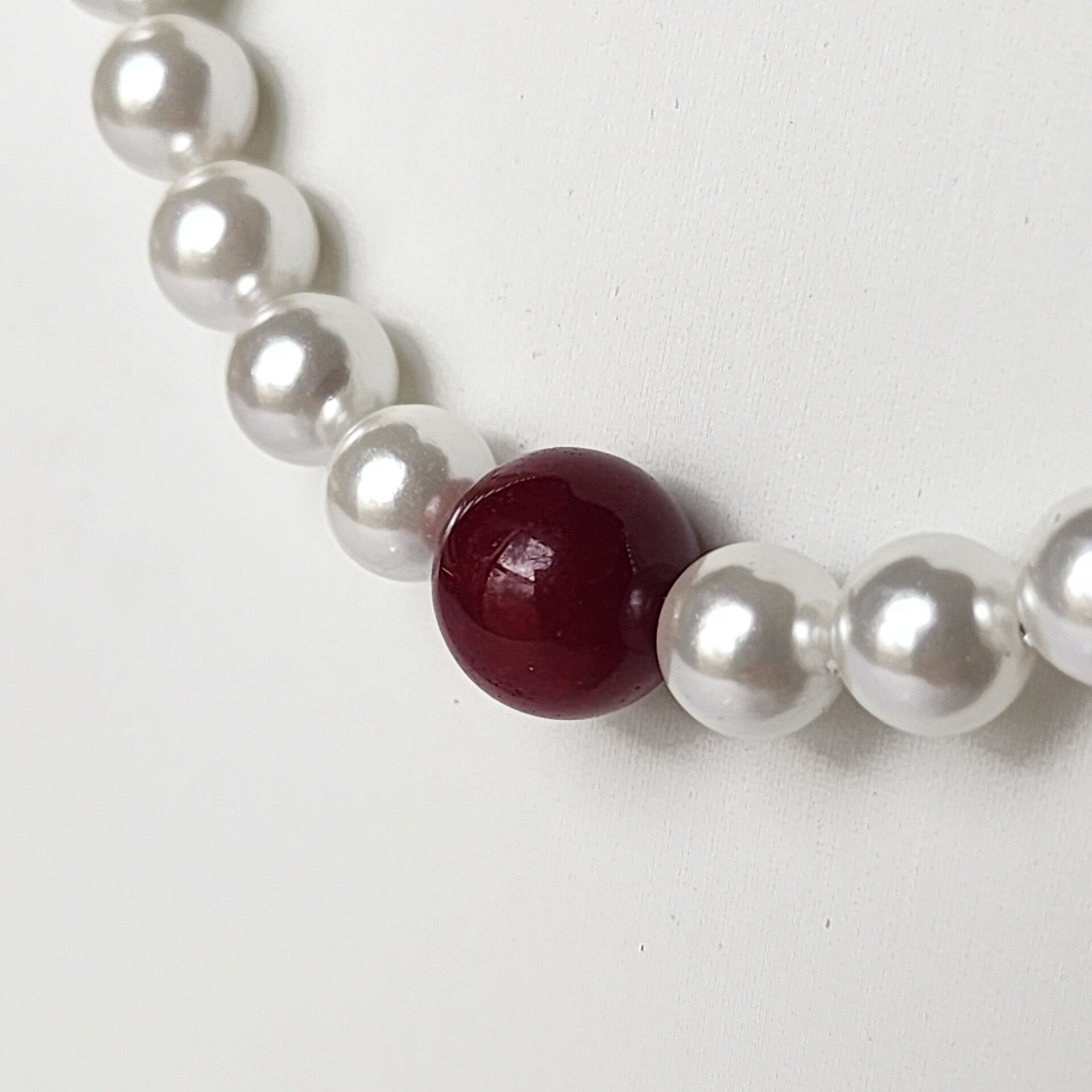 Mother of Pearl with Single Red Jade Choker Necklace, Stainless Steel