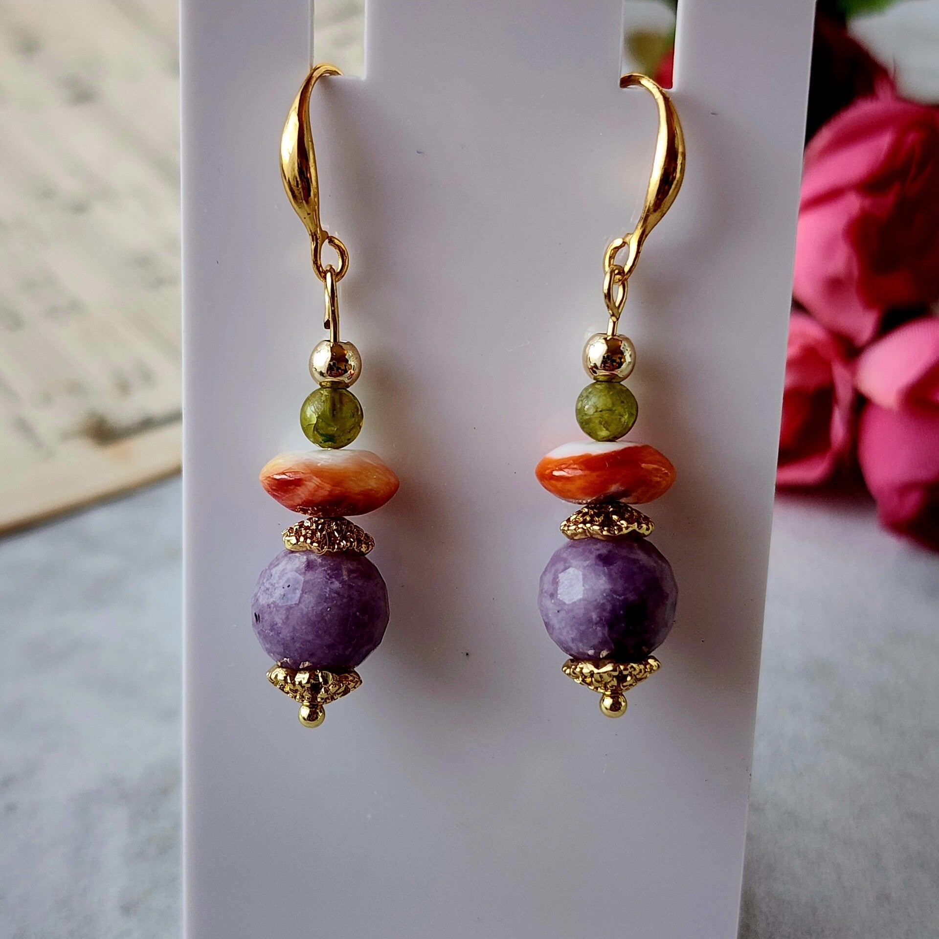 Flower Amethyst, Peridot, & Spiney Oyster Shell Pair of Dangle Earrings, 18k Gold Filled