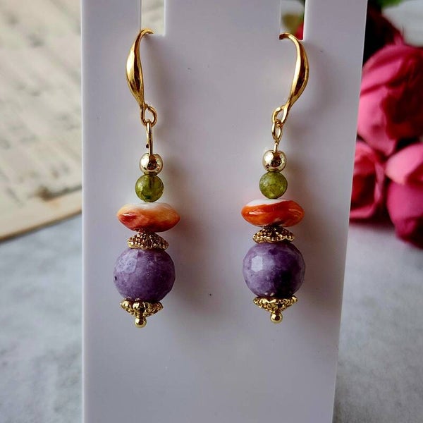 Flower Amethyst, Peridot, & Spiney Oyster Shell Pair of Dangle Earrings, 18k Gold Filled