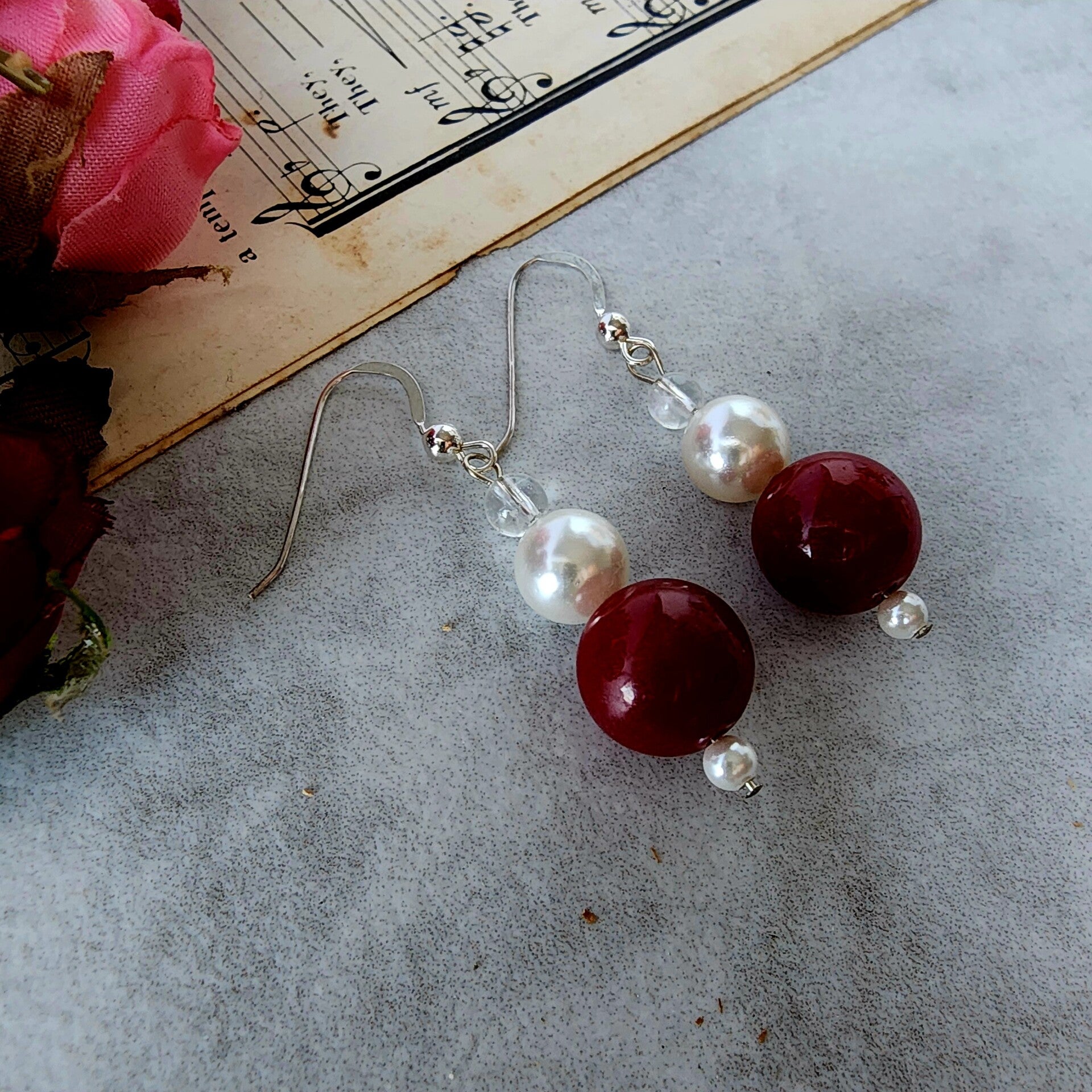 Red Jade & Mother of Pearl Pair of Dangle Earrings, Sterling Silver