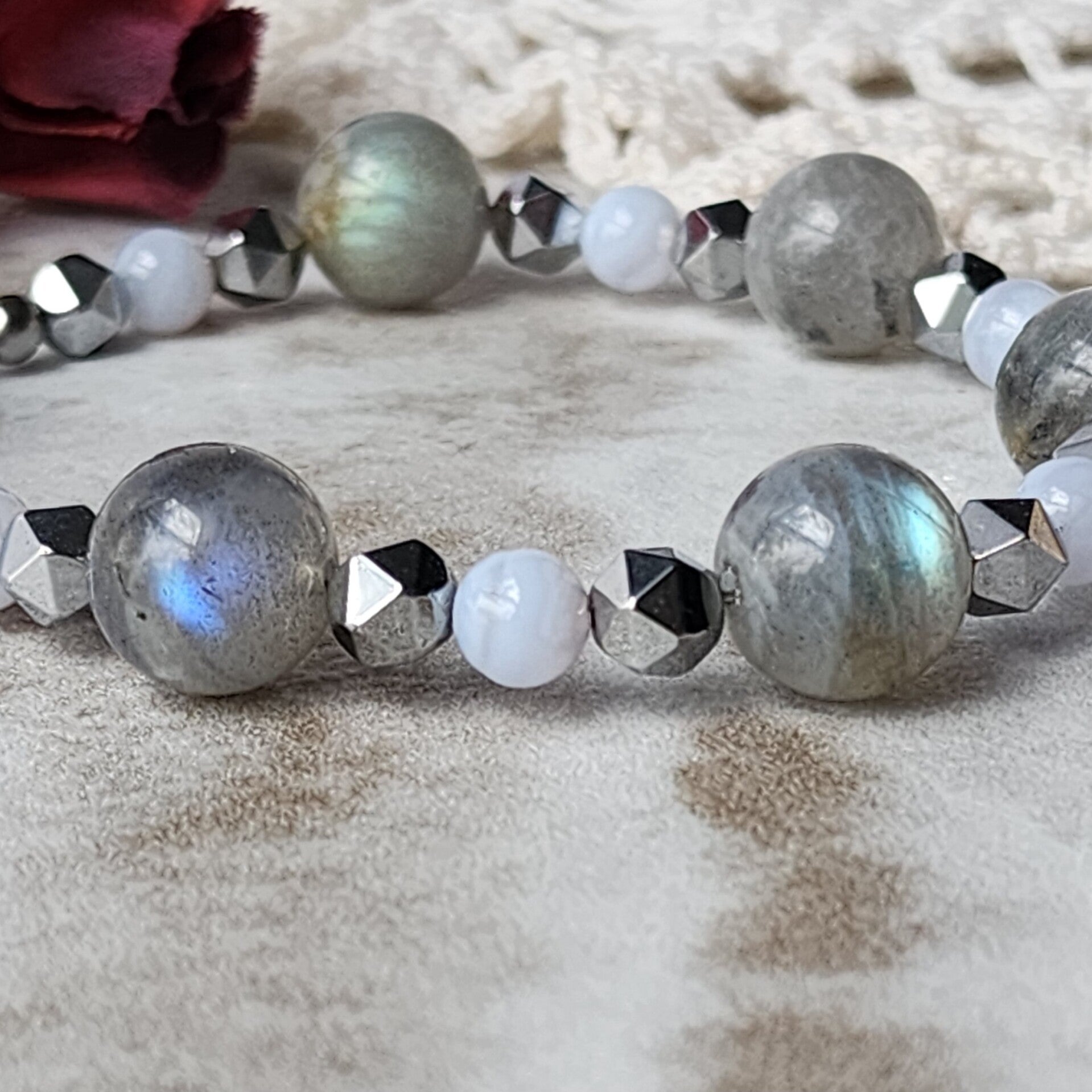 Labradorite, Chalcedony Blue Lace Agate, Hematite Bracelet, Stainless Steel