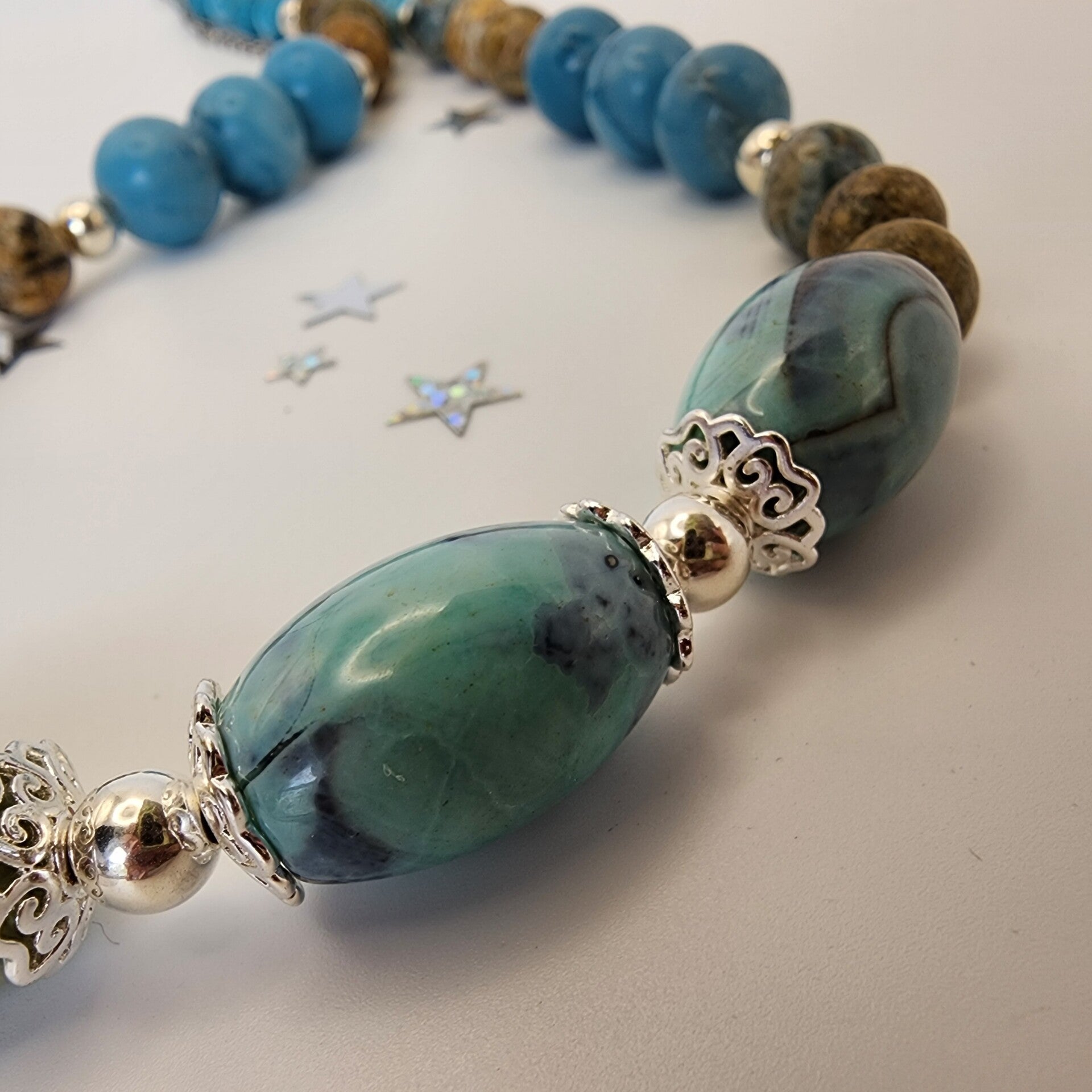 Aqua Blue Dragon Skin, Larimar, and Blue Ocean Jasper Necklace, Sterling Silver