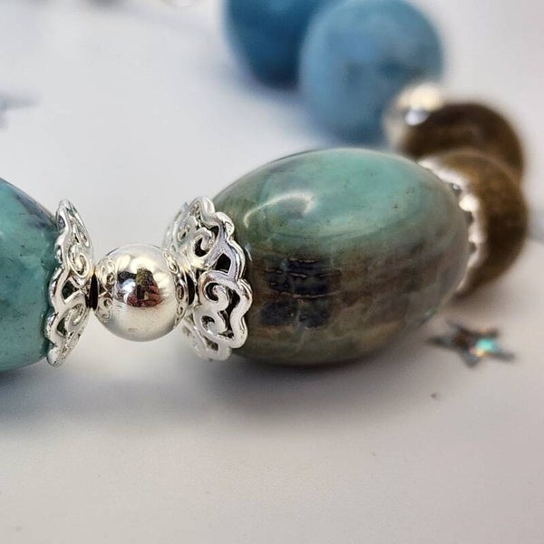 Aqua Blue Dragon Skin, Larimar, and Blue Ocean Jasper Bracelet, Sterling Silver