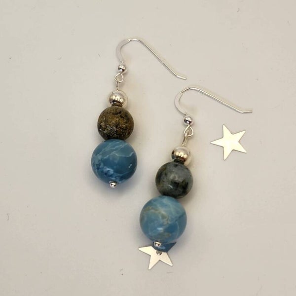 Larimar and Blue Ocean Jasper Pair of Dangle Earrings, Sterling Silver