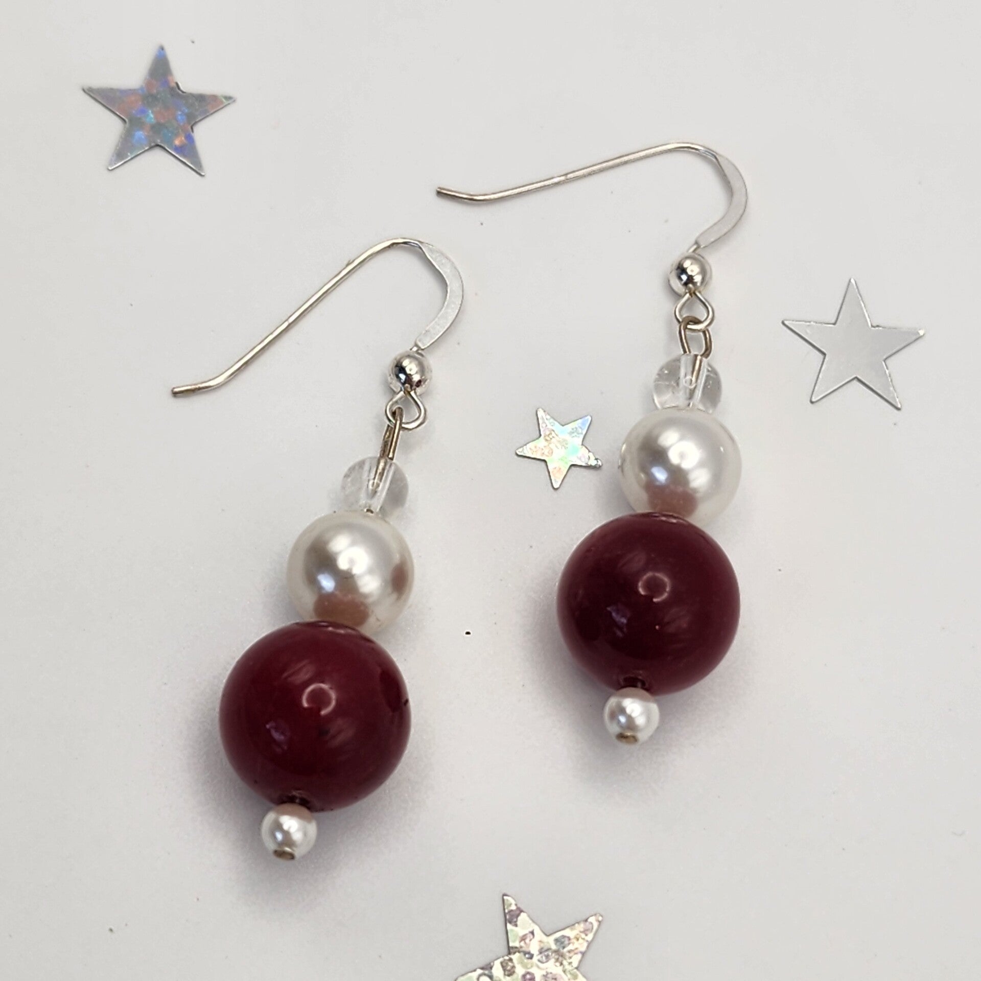 Red Jade & Mother of Pearl Pair of Dangle Earrings, Sterling Silver