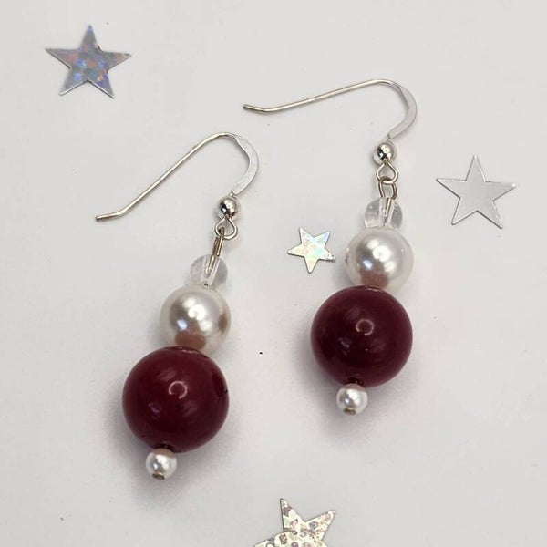 Red Jade & Mother of Pearl Pair of Dangle Earrings, Sterling Silver
