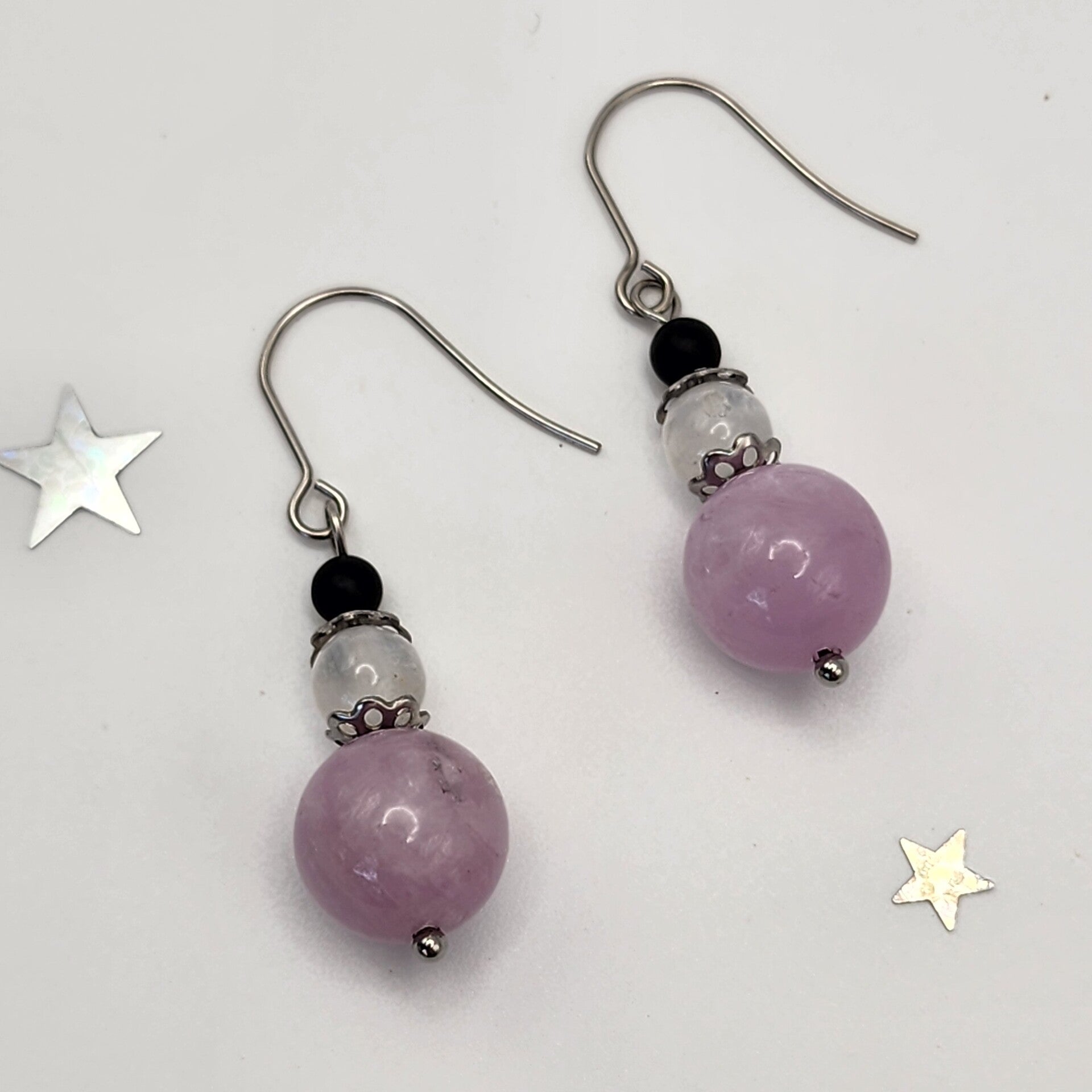 Kunzite, Selenite, and Black Onyx Pair of Dangle Earrings, Stainless Steel