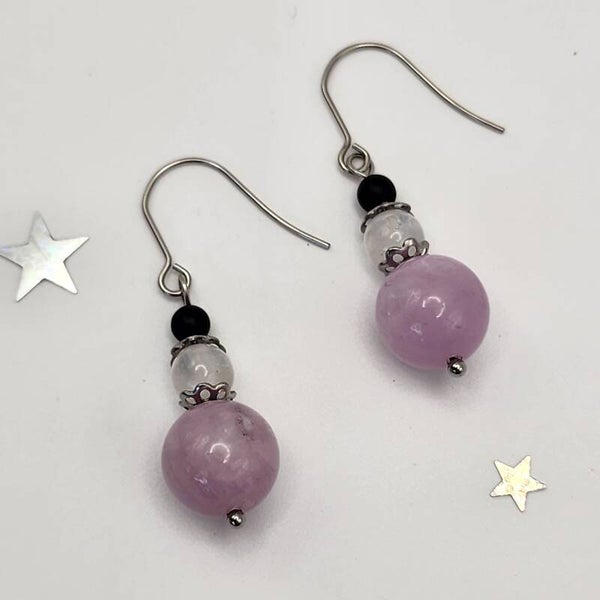 Kunzite, Selenite, and Black Onyx Pair of Dangle Earrings, Stainless Steel