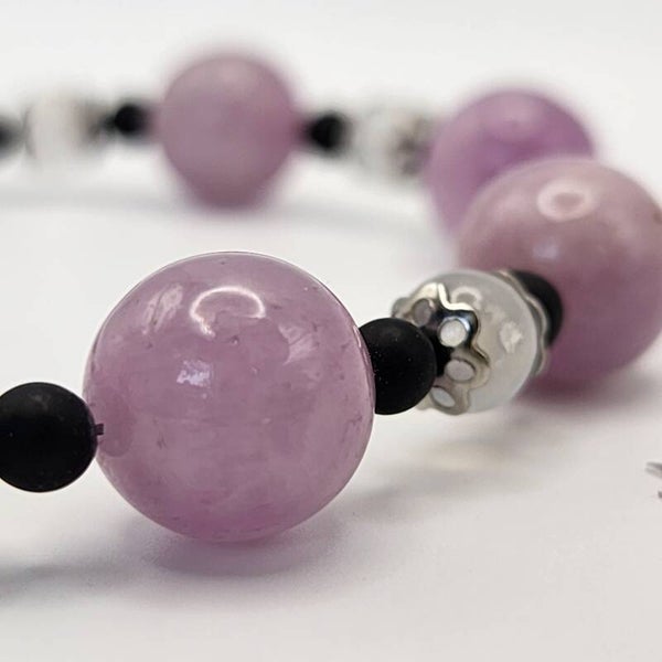 Kunzite, Selenite, and Black Onyx Bracelet, Stainless Steel