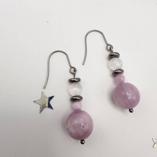 Kunzite, Selenite Pair of Dangle Earrings, Stainless Steel
