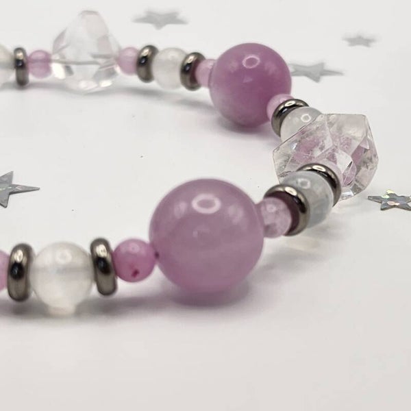 Kunzite, Selenite, Crystal Quartz Bracelet, Stainless Steel