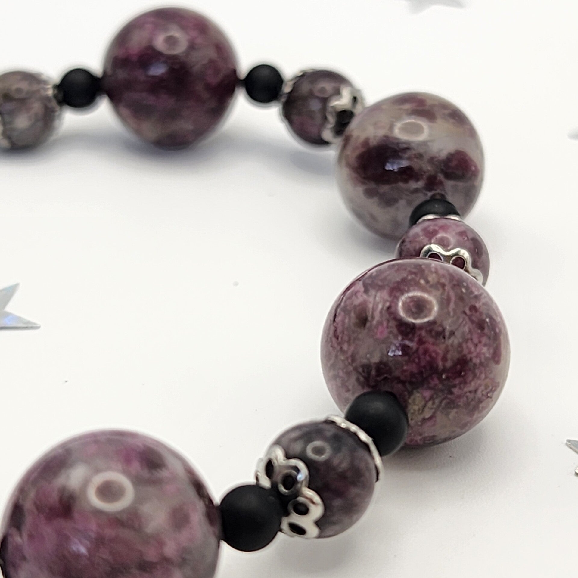 Plum Tourmaline, Black Onyx Bracelet, Hypoallergenic Stainless Steel