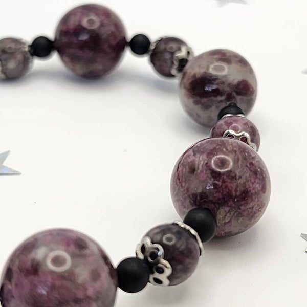 Plum Tourmaline, Black Onyx Bracelet, Hypoallergenic Stainless Steel