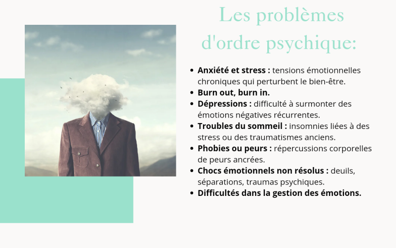 Motifs de consultation d'ordre psychique, stress anxiété dépression,phobies, chocs émotionnels, gestion des émotions