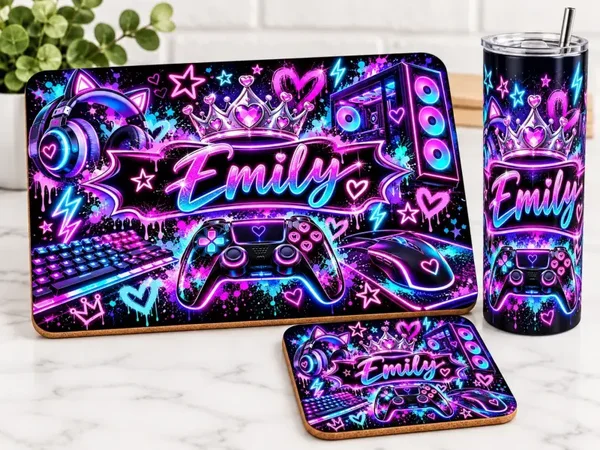 Personalised Gaming Tablemat, Coaster & Tumbler Set