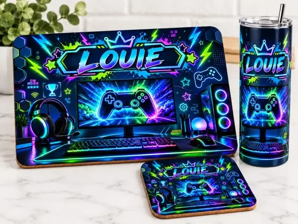 Personalised Gaming Tablemat, Coaster & Tumbler Set