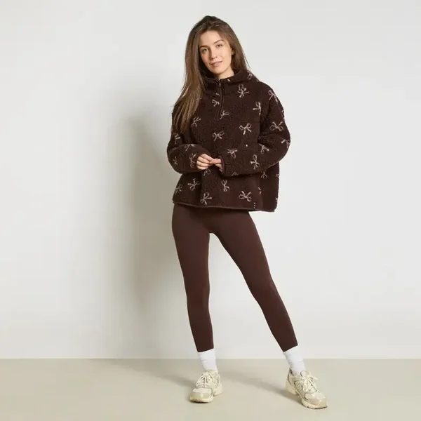 Ladies Teddy Bow Print Half Zip Fleece Chocolate