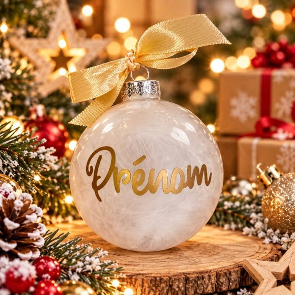 Boule de Noël en verre personnalisée avec plumes - Décoration de Noël