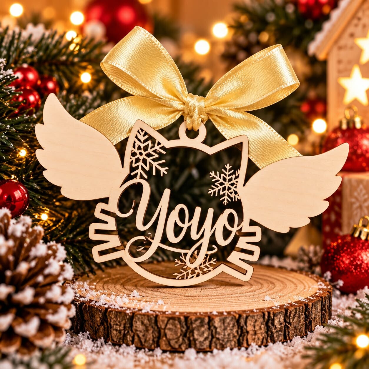 Décoration de Noël en bois personnalisée - Suspension chat avec ailes d'ange