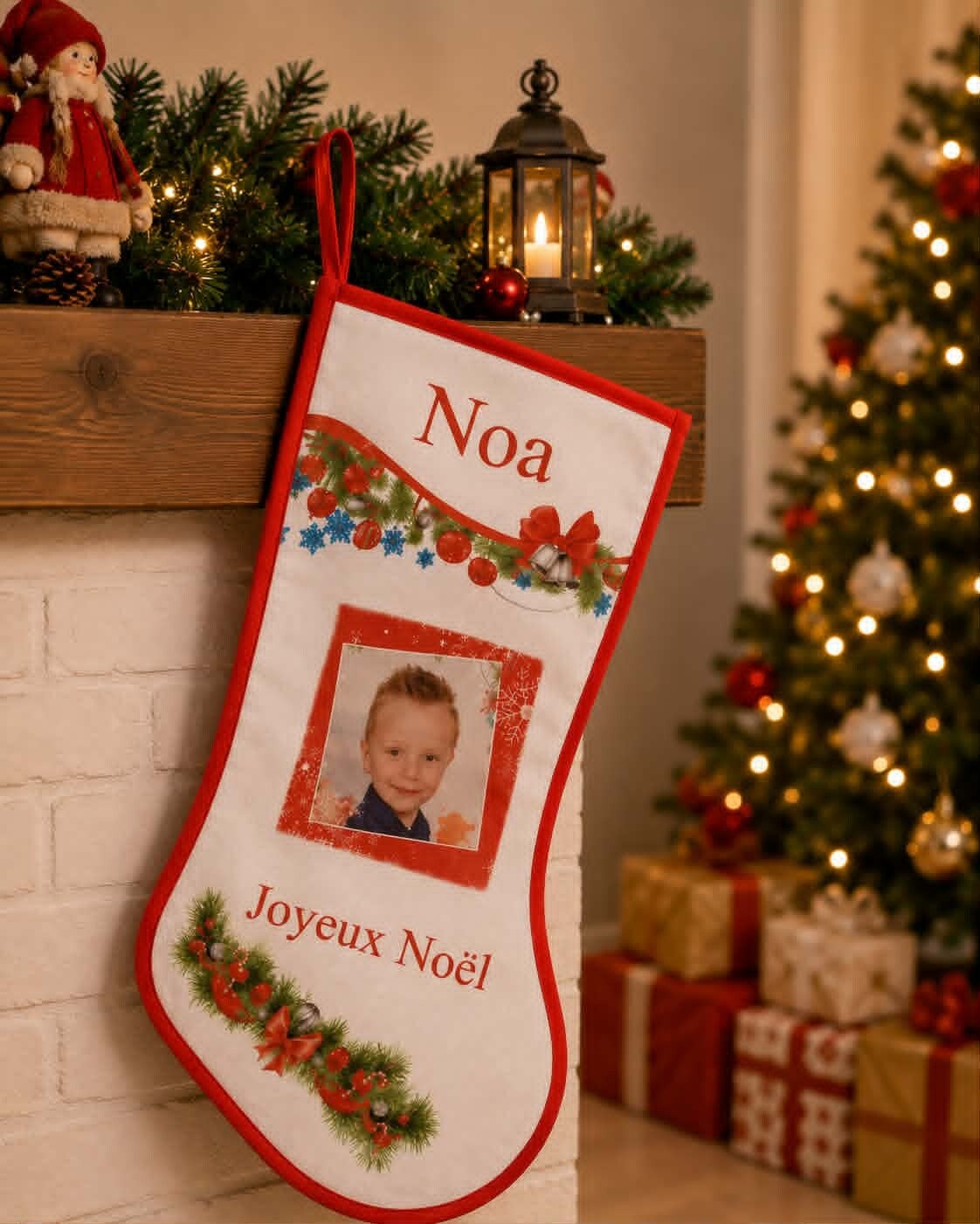 Botte/Chaussette de Noël personnalisée - Modèle branche de sapin avec photo