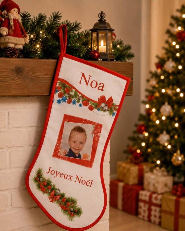 Botte/Chaussette de Noël personnalisée - Modèle branche de sapin avec photo
