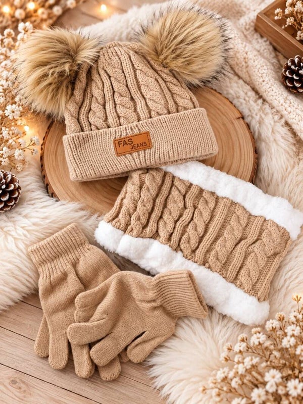 Ensemble bonnet + tour de cou + gants enfant beige - Accessoires hiver