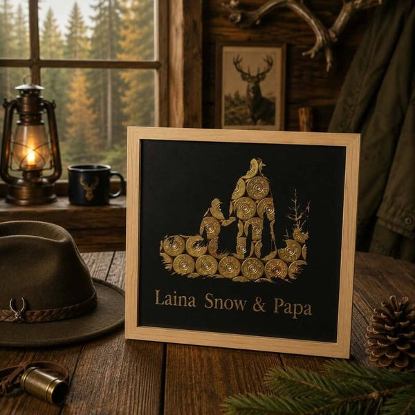 Cadre personnalisé avec cartouches  - Thème chasse - Modèle chasseur avec son enfant et chien