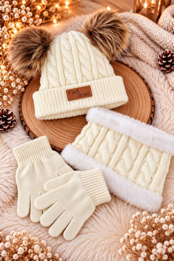 Ensemble bonnet + tour de cou + gants enfant blanc - Accessoires hiver