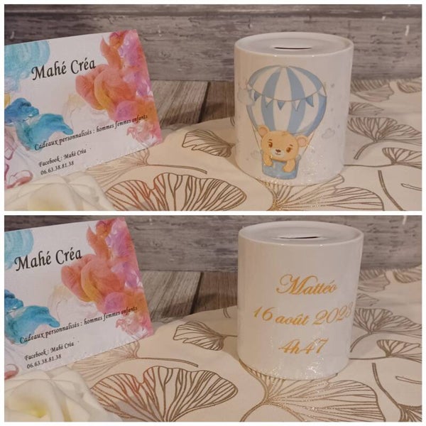 Tirelire personnalisée - Modèle ourson mongolfière