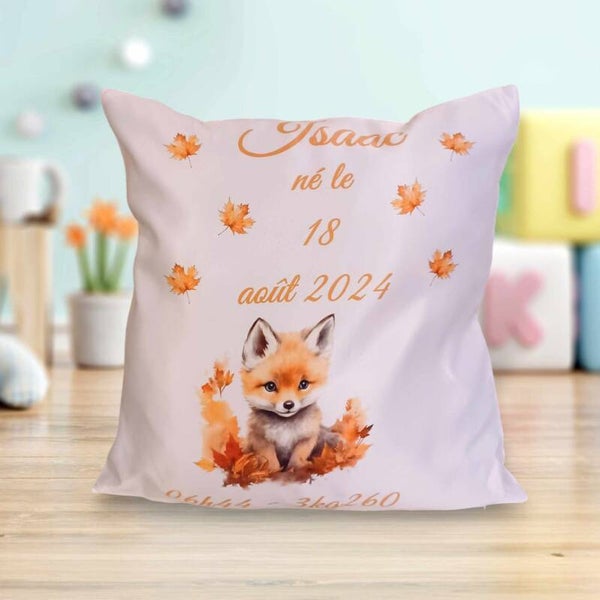 Coussin de naissance personnalisé - Modèle renard avec feuillage