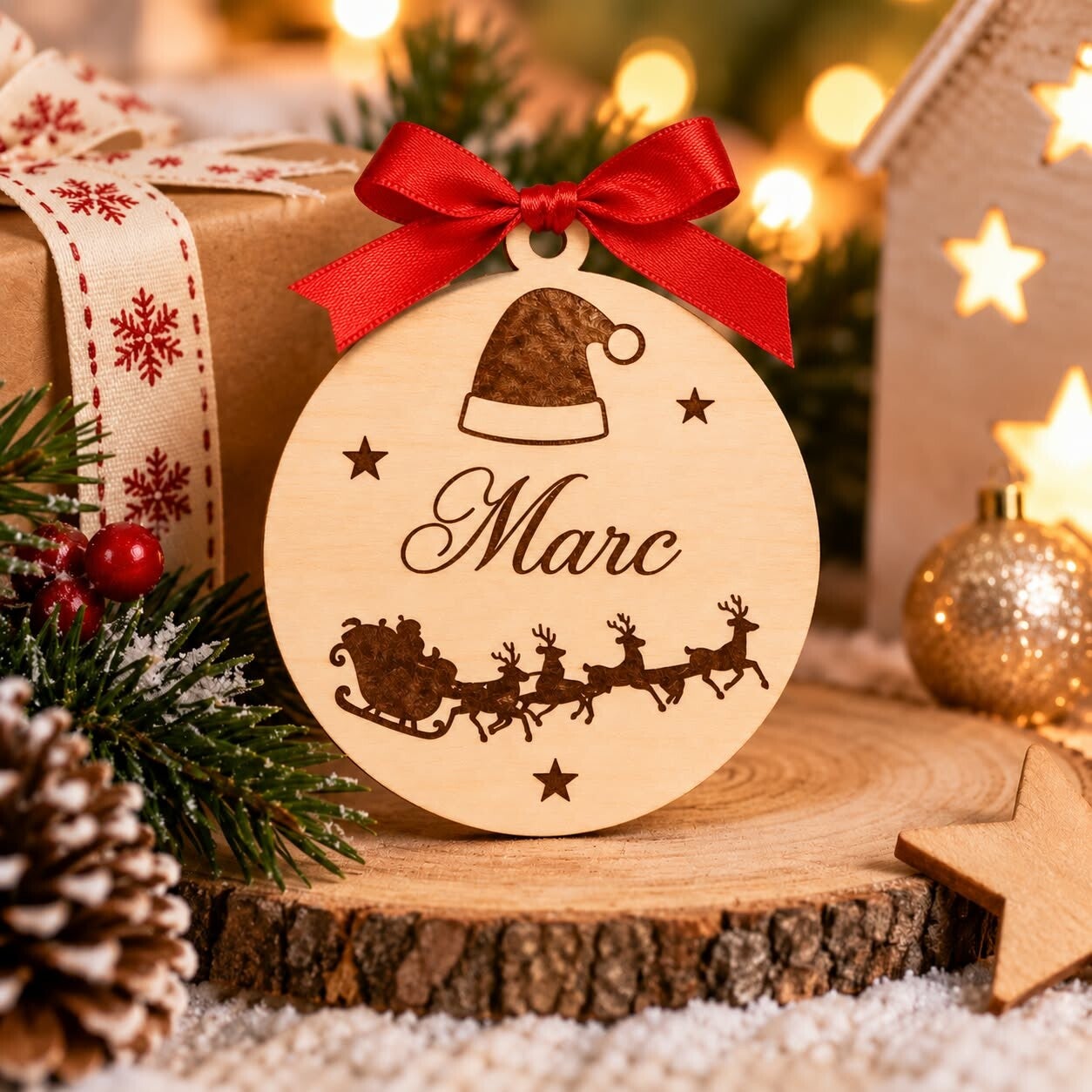 Décoration de Noël en bois - Suspension bonnet et traineau