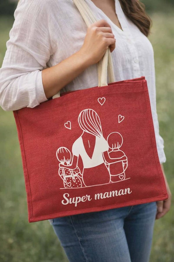 Sac cabas en jute personnalisé - Modèle portrait femme avec 2 enfants
