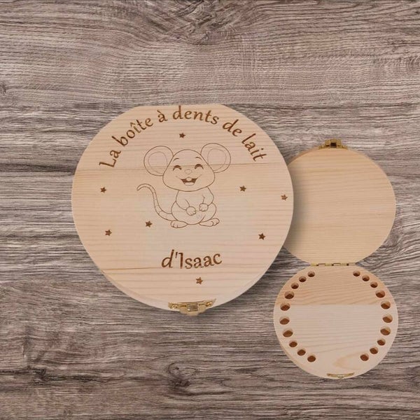 Boîte à dents personnalisée en bois ronde avec rangement - Modèle petite souris